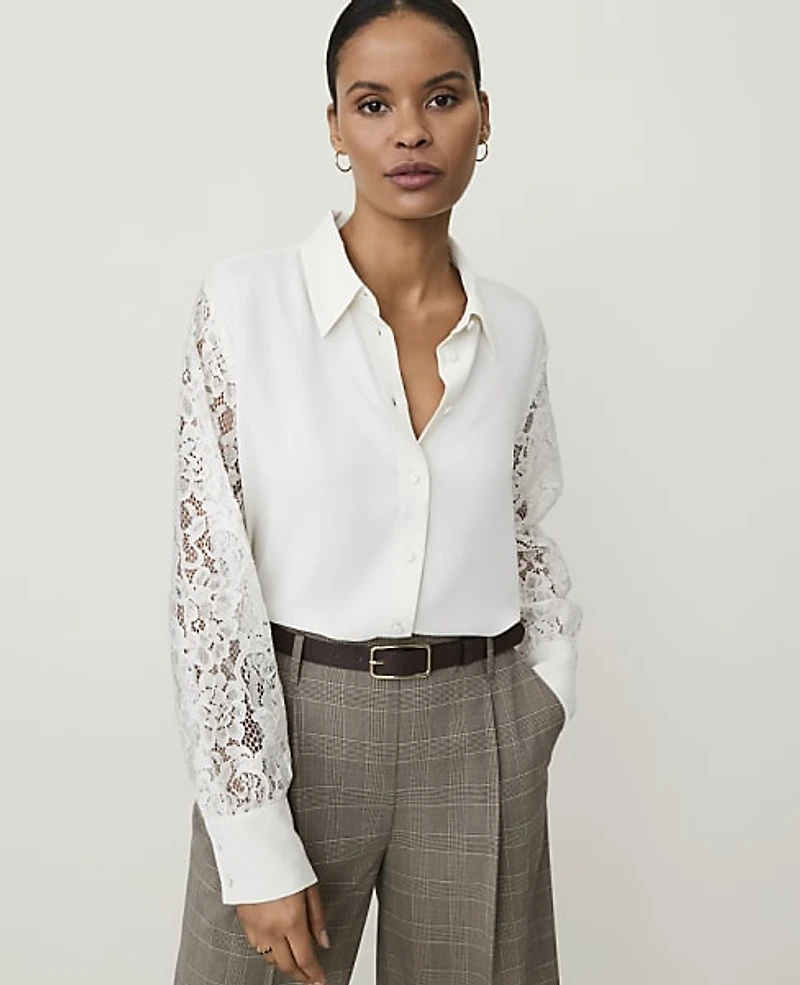 Ann Taylor Petite Lace Sleeve Shirt Winter White Women's