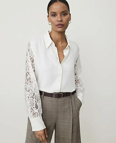 Ann Taylor Petite Lace Sleeve Shirt Winter White Women's