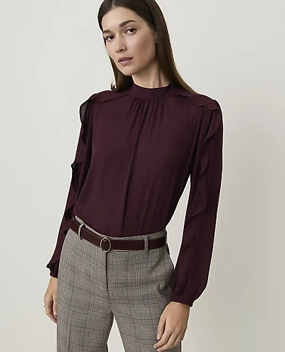 Ann Taylor Petite Mock Neck Ruffle Trim Blouse Size XL Purest Plum Women's