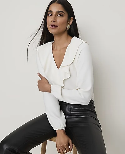 Ann Taylor Ruffle Trim Blouse Winter White Women's