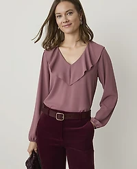 Ann Taylor Ruffle Trim Blouse Deep Rosy Tan Women's
