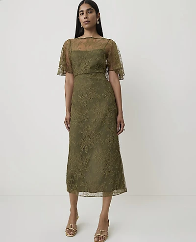 Ann Taylor Petite Lace Flutter Sleeve Midi Dress Olive Sprig Women's