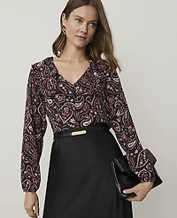 Ann Taylor Paisley Ruffle Trim Blouse Black Women's