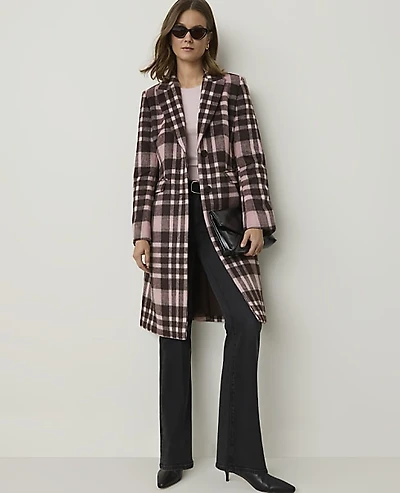 Ann Taylor Plaid Long Chesterfield Coat French Mocha Women's