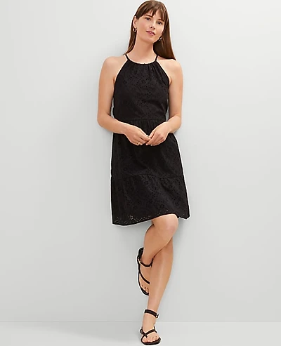 Ann Taylor Eyelet Halter Flare Dress Size 8 Black Women's