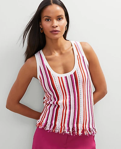 Ann Taylor Fringe Striped Shell Top Size XS Red Pepper Women's