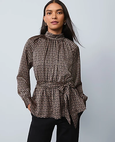 Ann Taylor Chain Link Print Tie Waist Blouse Black Women's