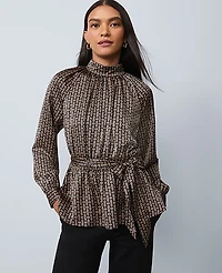 Ann Taylor Chain Link Print Tie Waist Blouse Size XS Black Women's