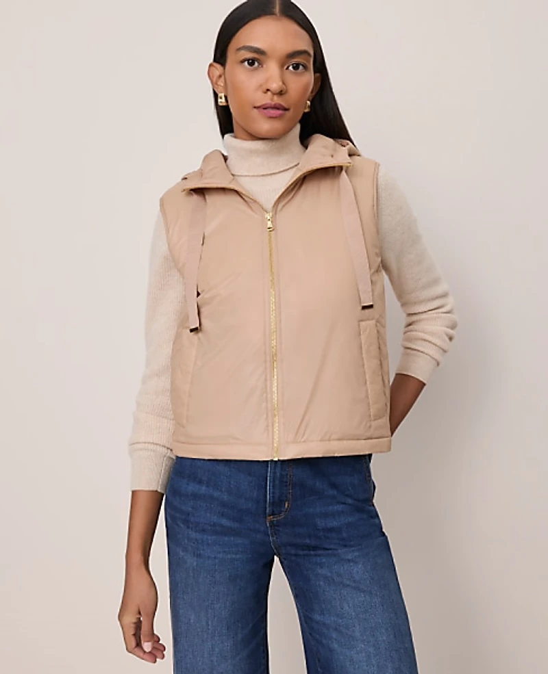 Ann Taylor Hooded Puffer Vest Cafe Au Lait Women's