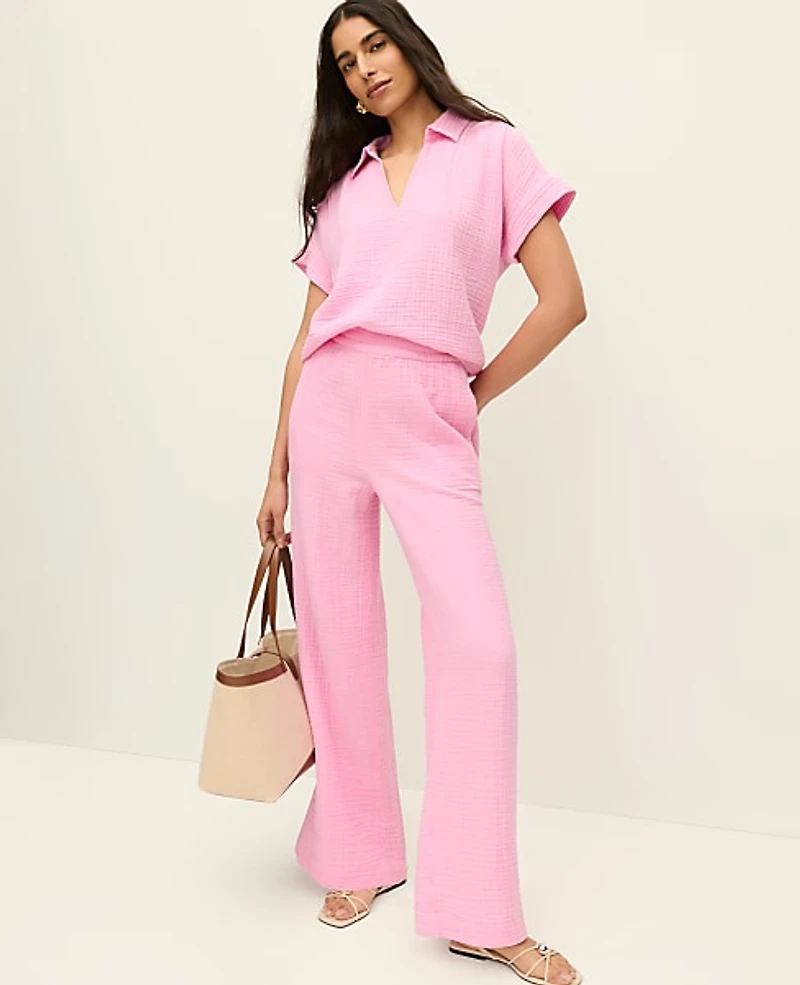 Ann Taylor The Easy Fit Wide-Leg Pant Cotton Gauze Strawberry Lemonade Women's