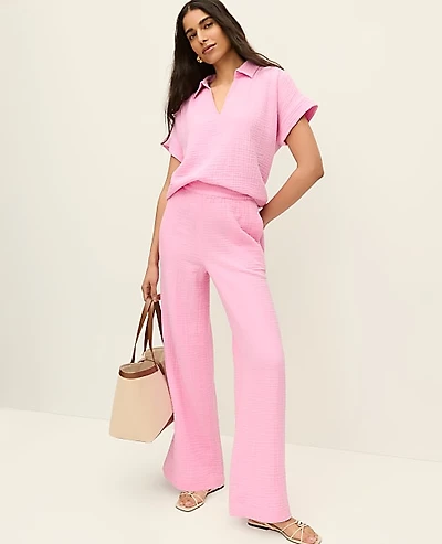 Ann Taylor The Easy Fit Wide-Leg Pant Cotton Gauze Strawberry Lemonade Women's