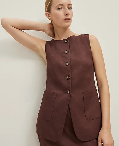 Ann Taylor The Petite Long Crew Neck Vest in Linen Blend Size 8 Rich Walnut Women's