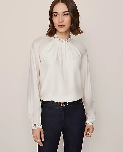 Ann Taylor Lace Trim Blouse Size XL Winter White Women's