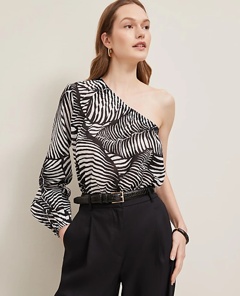 Ann Taylor Petite One-Shoulder Blouse Palm Print Black Women's