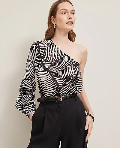 Ann Taylor Petite One-Shoulder Blouse Palm Print Black Women's