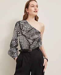 Ann Taylor Petite One-Shoulder Blouse Palm Print Black Women's