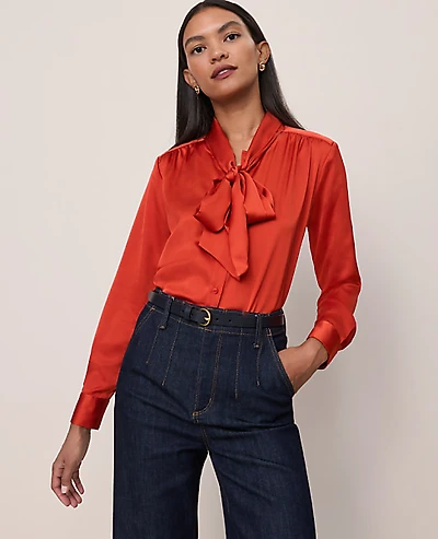 Ann Taylor Satin Bow Blouse Size XS Amaretto Women's