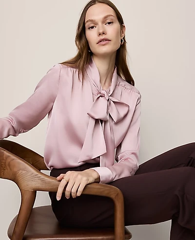 Ann Taylor Satin Bow Blouse Size Large Pale Mauve Women's