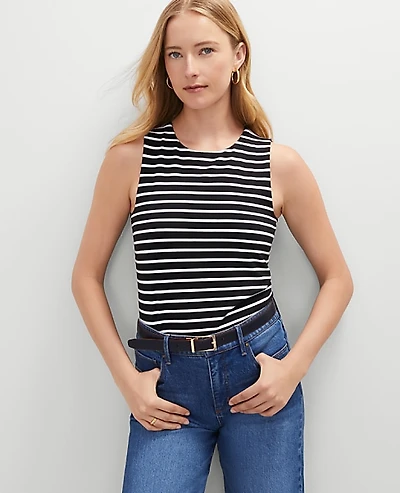 Ann Taylor Striped Crew Neck Shell Top Size Medium Black Women's