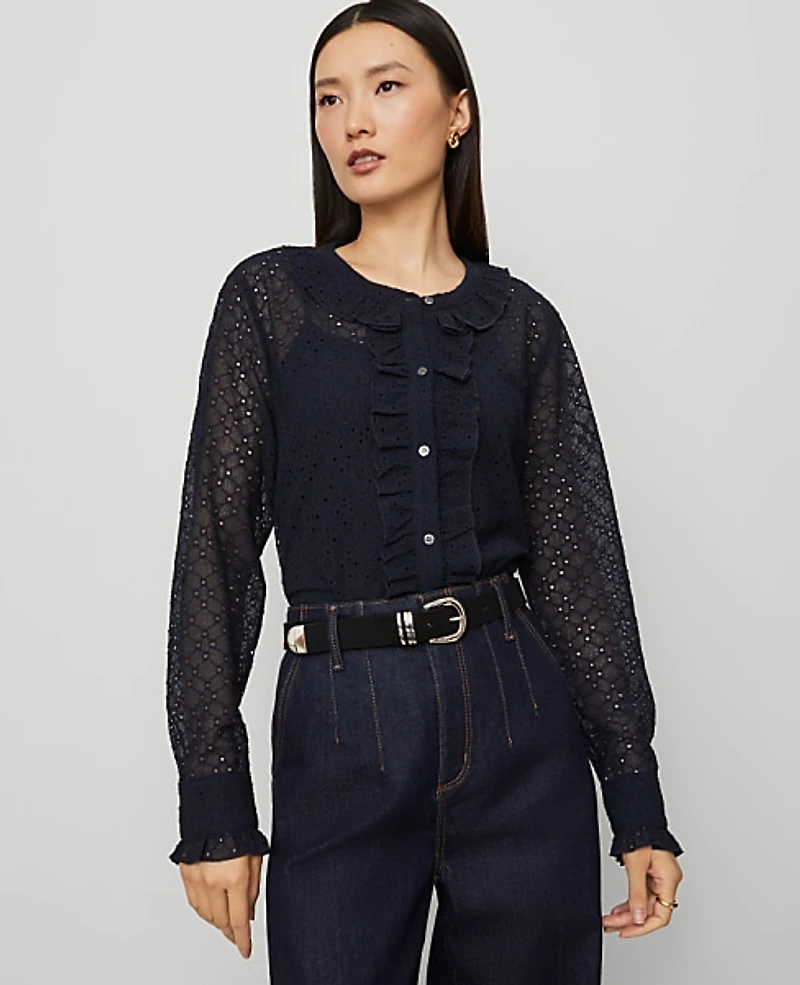 Ann Taylor Lace Ruffle Trim Blouse Women's