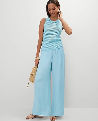 Ann Taylor The Pull-On Wide Leg Pant in Satin Size XS Gulf Stream Blue Women's