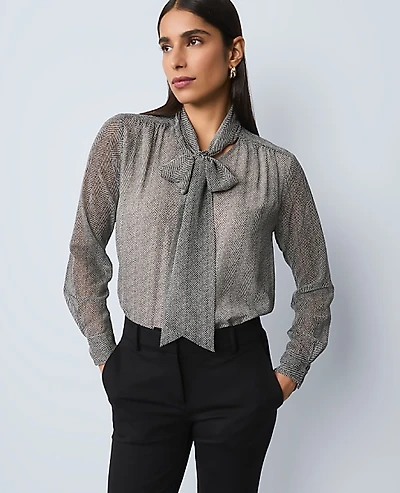 Ann Taylor Herringbone Bow Blouse Size Medium Black B Women's