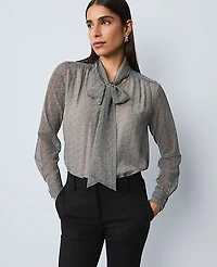 Ann Taylor Herringbone Bow Blouse Size Medium Black B Women's