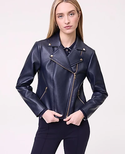 Ann Taylor Weekend Fitted Moto Jacket Faux Leather Night Sky Women's