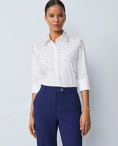 Ann Taylor Embellished Relaxed Perfect Shirt Size XS White Women's