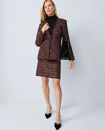 Ann Taylor The Long V-Neck Sequin Tweed Jacket Red/Black Multi Women's