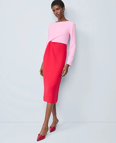 Ann Taylor Colorblock Twist Midi Dress Size 14 Iconic Red Women's