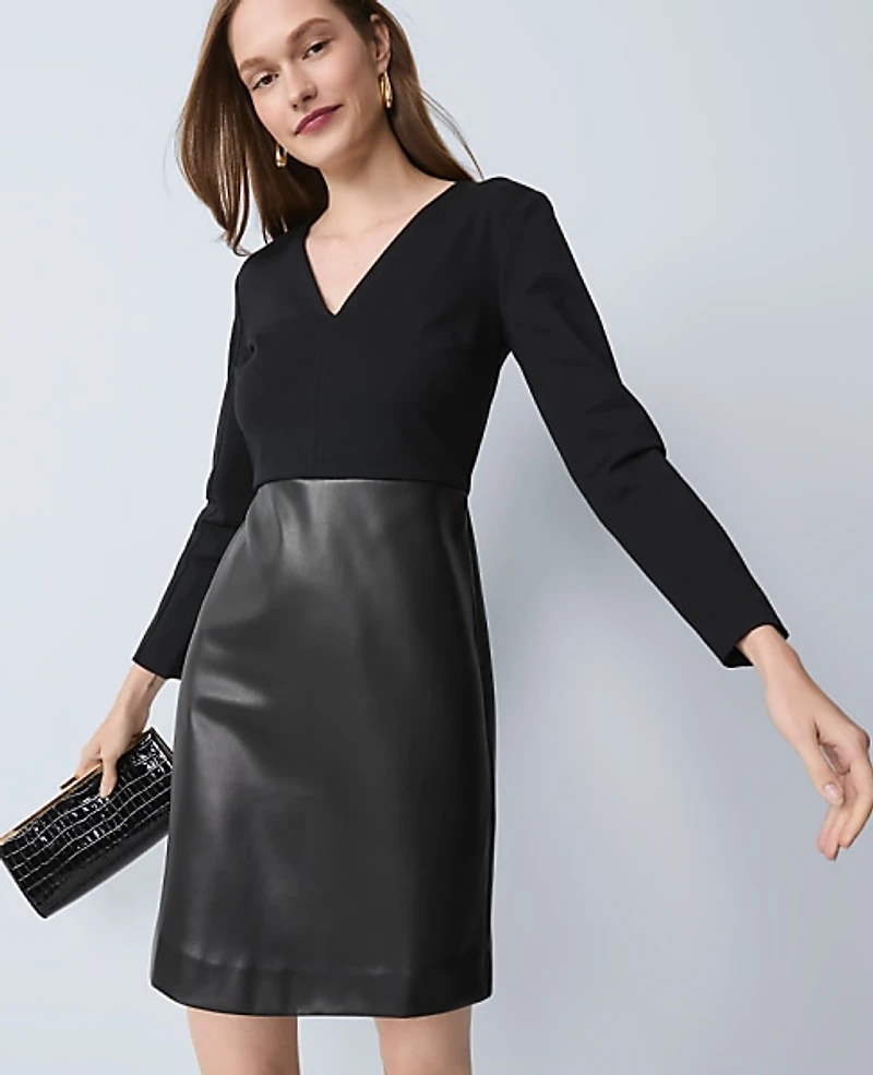 Ann Taylor Mixed Media V-Neck Sheath Dress Size 8 Black Women's