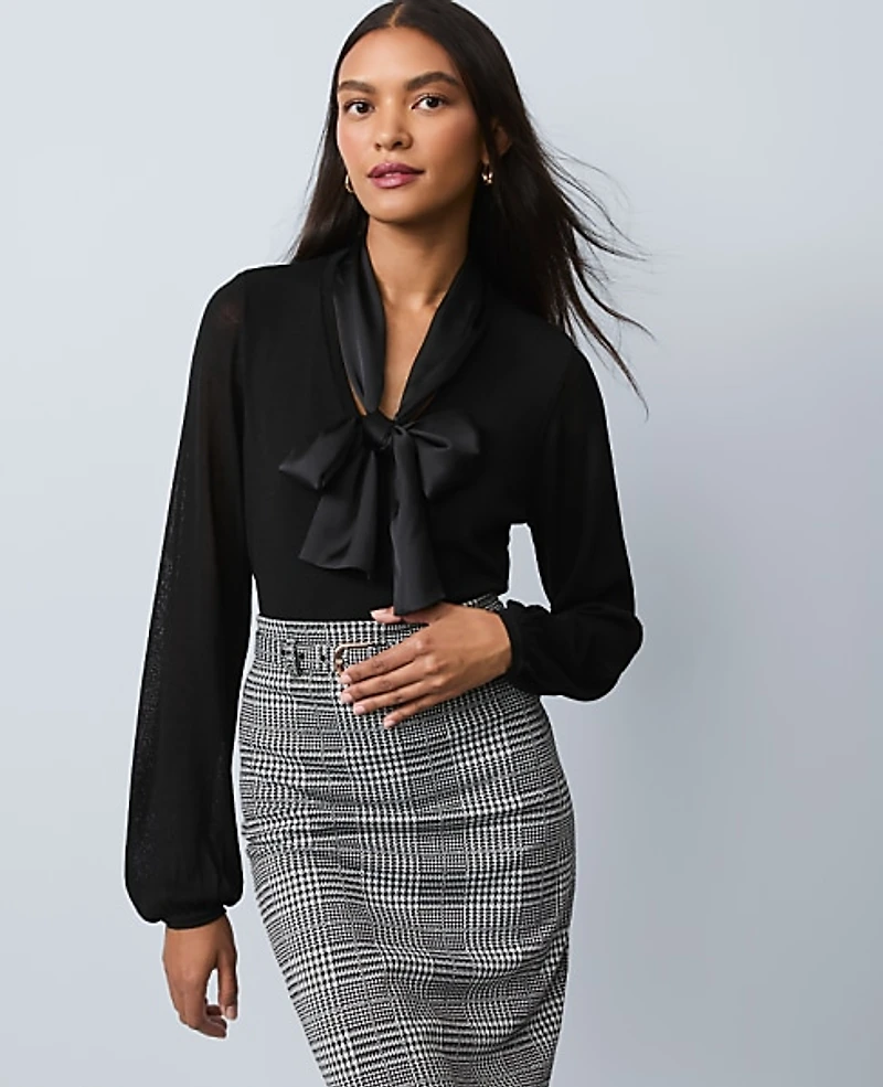 Ann Taylor Mixed Media Tie Neck Top Women's