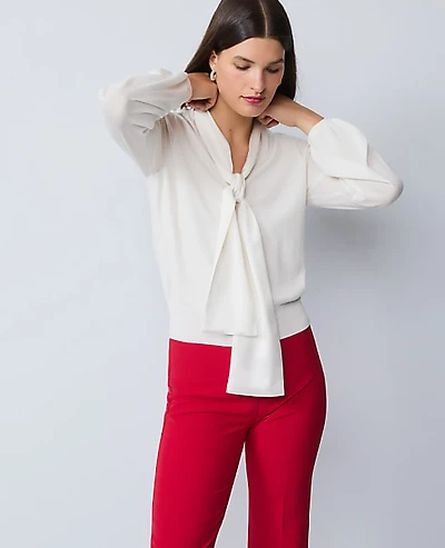 Ann Taylor Mixed Media Tie Neck Top Women's