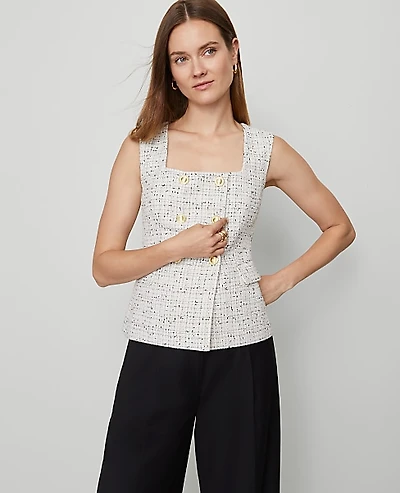 Ann Taylor Petite Tweed Square Neck Vest Charcoal/White Combo Women's
