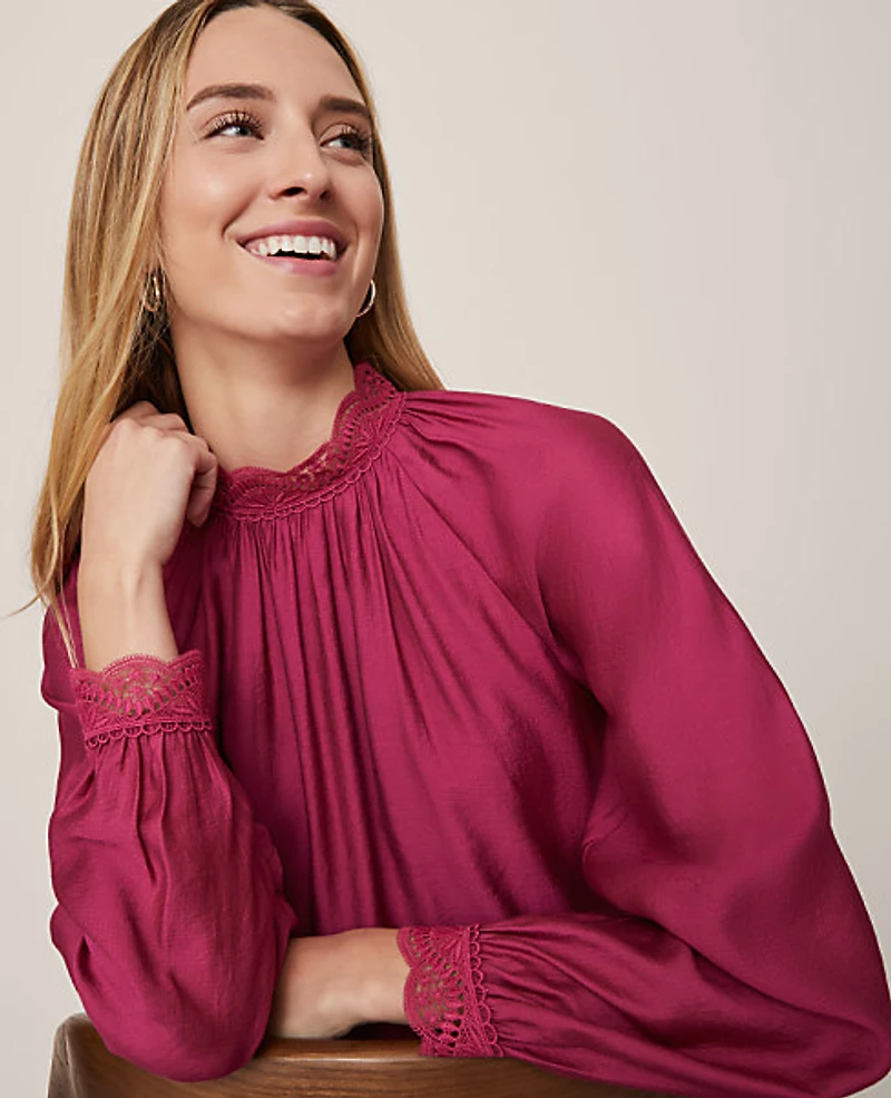 Ann Taylor Petite Lace Trim Blouse Size 2XS Berry Splash Women's