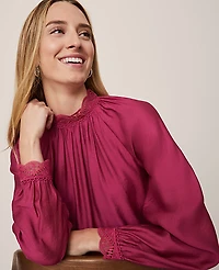 Ann Taylor Petite Lace Trim Blouse Size 2XS Berry Splash Women's