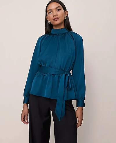 Ann Taylor Petite Satin Tie Waist Blouse Women's