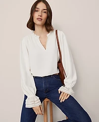 Ann Taylor Petite Ruffle Neck Blouse Size 2XS Winter White Women's