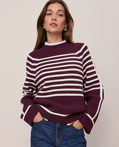 Ann Taylor Petite Weekend Striped Mock Neck Sweater Size Large Poised Plum Women's
