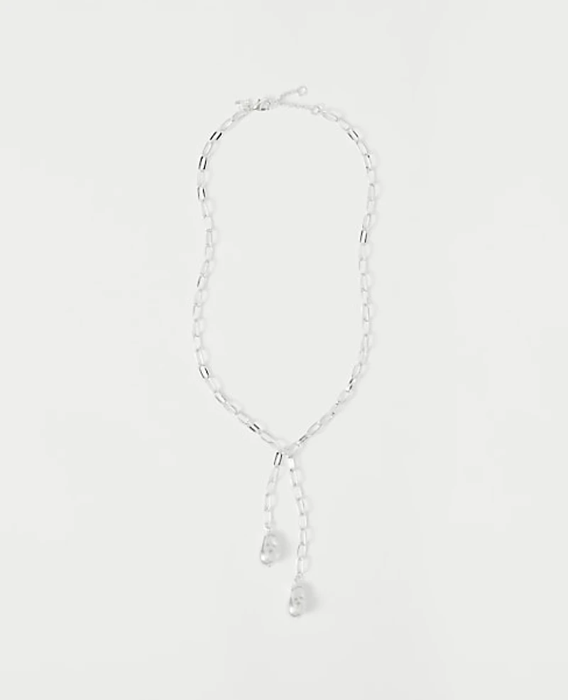Ann Taylor Double Pearl Lariat Necklace Silvertone Women's