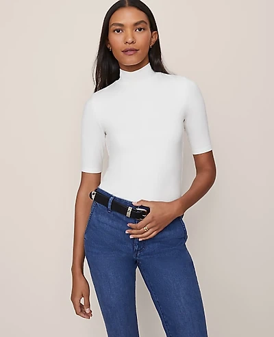 Ann Taylor Petite Mock Neck Elbow Sleeve Top Winter White Women's