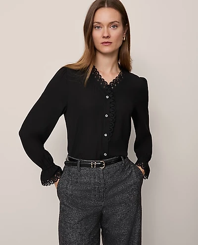 Ann Taylor Petite Lace Ruffle Trim Blouse Size XL Black Women's