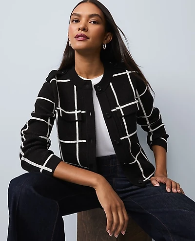 Ann Taylor Petite Windowpane Utility Sweater Jacket Black Women's