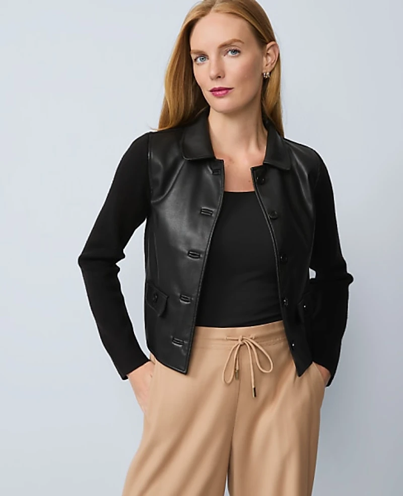 Ann Taylor Mixed Media Collared Jacket Size Small Black Women's