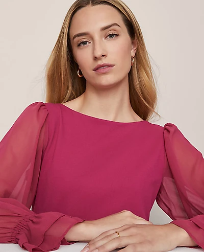 Ann Taylor Petite Mixed Media Pleated Sleeve Top Women's