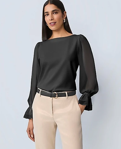 Ann Taylor Petite Mixed Media Pleated Sleeve Top Black Women's