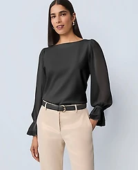 Ann Taylor Petite Mixed Media Pleated Sleeve Top Black Women's