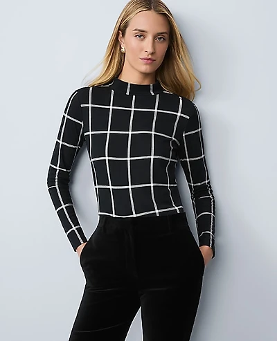 Ann Taylor Windowpane Mock Neck Top Black Women's