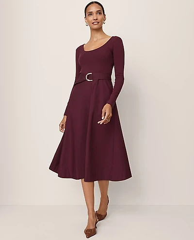 Ann Taylor Petite Mixed Media Flare Midi Dress Size 4 Poised Plum Women's